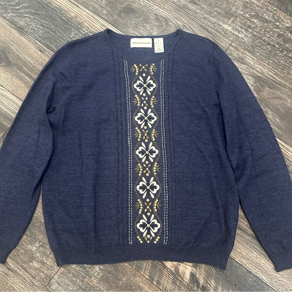 Alfred Dunner Granny Navy Sweater Lightweight Floral Embroidery Women’s Medium